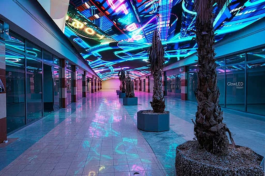LED-Decke in einer Einkaufspassage mit bewegten Lichtmotiven