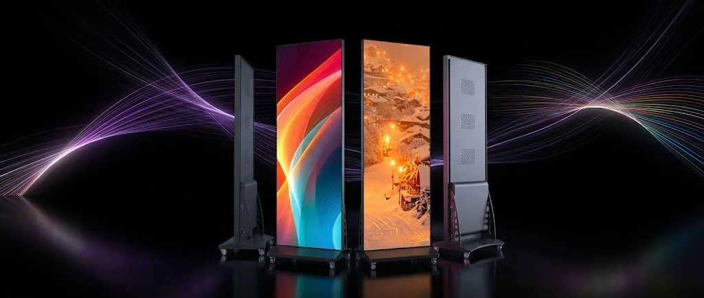 Mobile Poster-LED-Screens auf Rollen vor dunklem Hintergrund